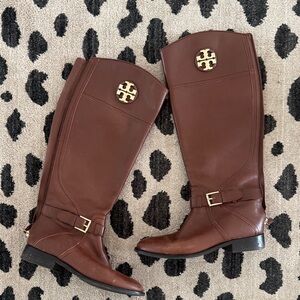Tory Burch Brown Riding Boots with Gold Logo